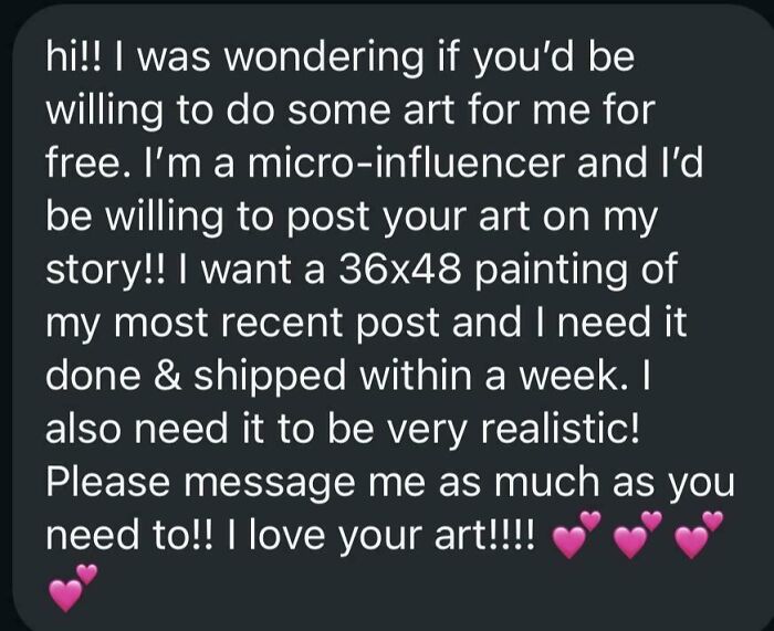 Text message from a micro-influencer demanding free realistic art and a large painting shipped within a week.