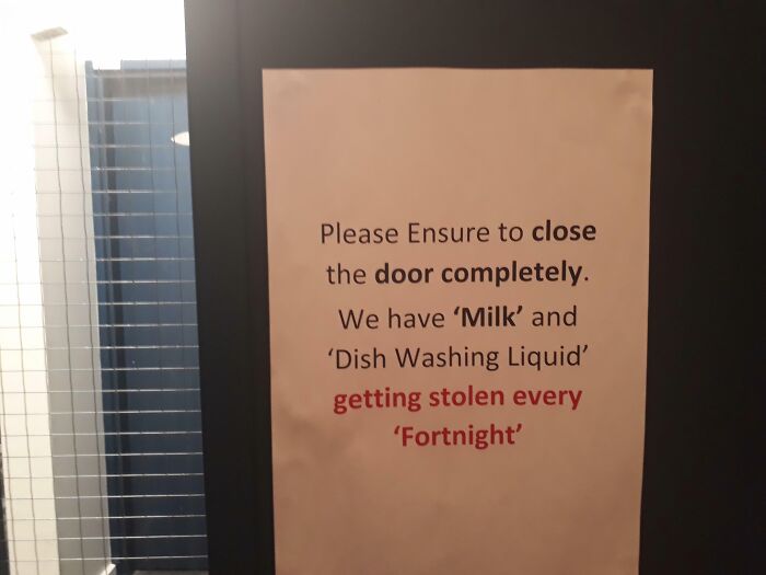 Sign humorously uses suspicious quotation marks around words like Milk, Dish Washing Liquid, and Fortnight.