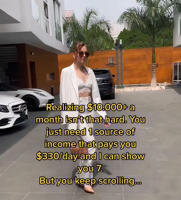 Woman in white outfit and sunglasses walking outside near luxury cars, representing cringy influencers ignoring rules.