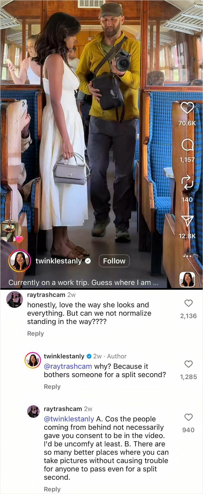 Influencer blocking aisle on a train while holding a camera, ignoring common sense and social rules.