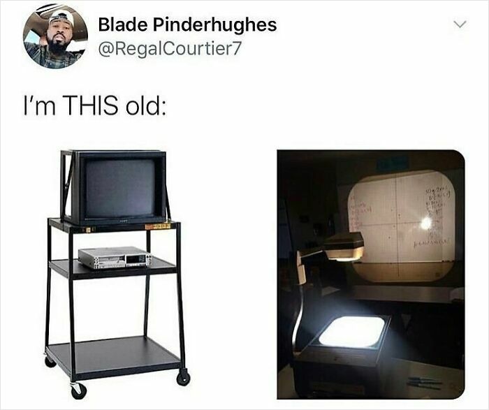 Vintage TV cart with VCR and an old overhead projector illustrating nostalgia for 1990s and 2000s attachments.