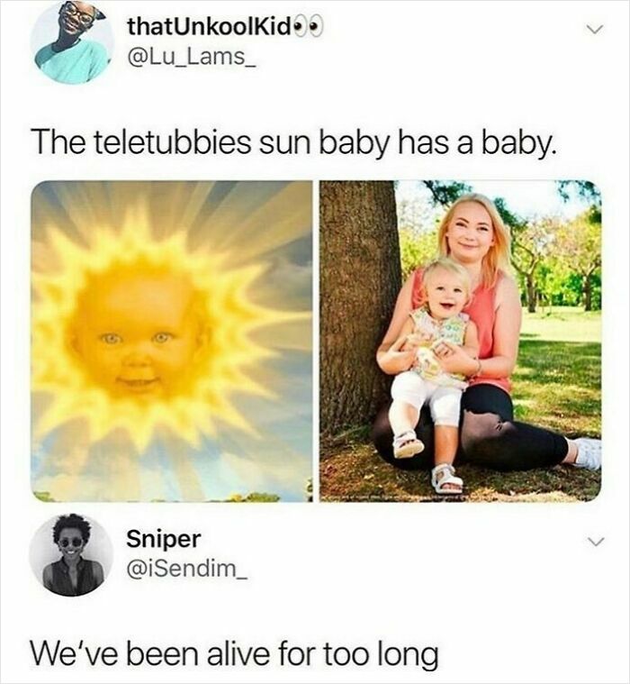 Meme referencing the 1990s Teletubbies sun baby alongside a modern baby, appealing to 1990s and 2000s nostalgia.