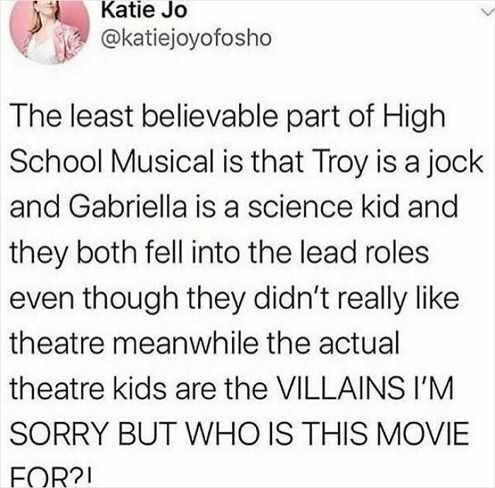 Text post about High School Musical roles, reflecting nostalgia and humor for 1990s and 2000s fans online.