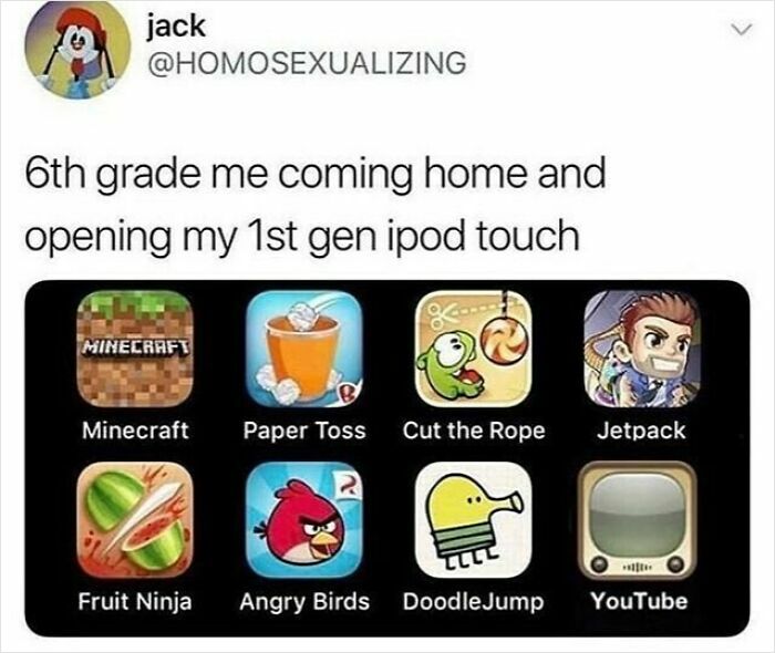 Screenshot of a nostalgic social media post featuring popular 2000s and 2010s mobile games icons on an iPod touch.