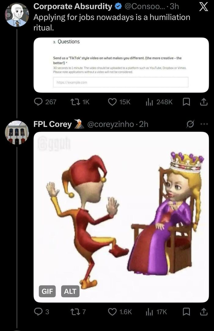 A tweet about a new job application process requiring a TikTok style video, highlighting recruiting hell.