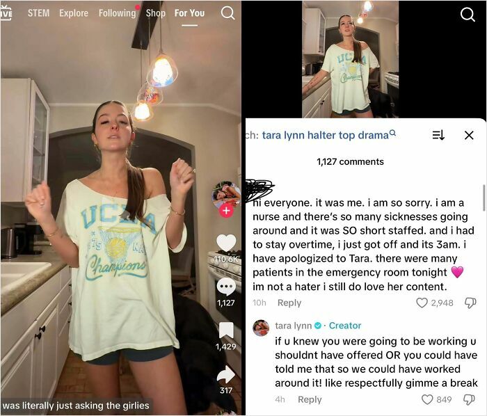 Influencer in oversized UCLA shirt dancing in kitchen with TikTok comments discussing controversy and rule-breaking behavior.