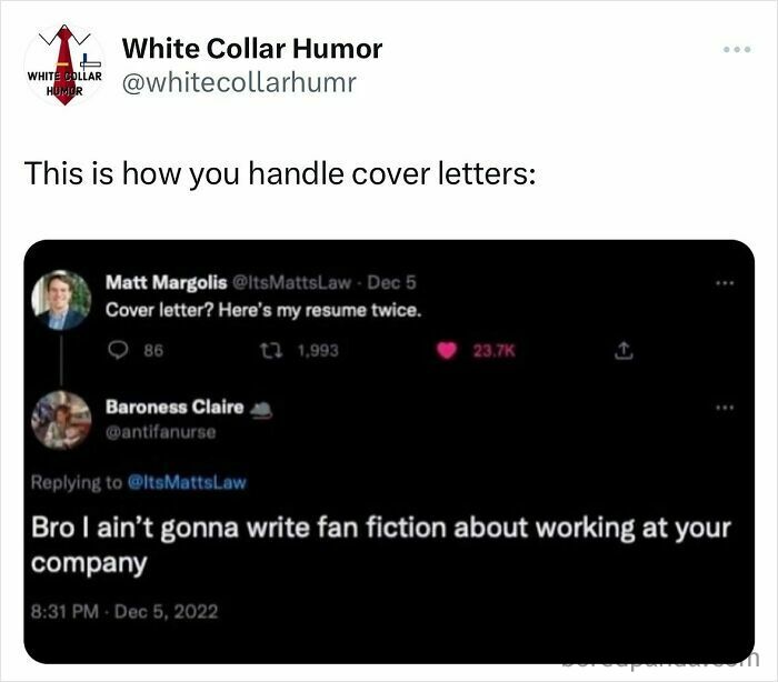 Tweet from White Collar Humor account showing funny exchange about handling cover letters with white collar humor.