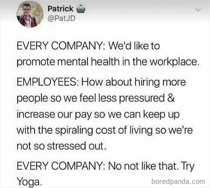 Workplace humor meme about mental health and employee stress in white collar jobs shared on social media.