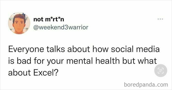 Tweet about the mental health impact of Excel, showcasing white collar humor relatable to office cubicle workers.