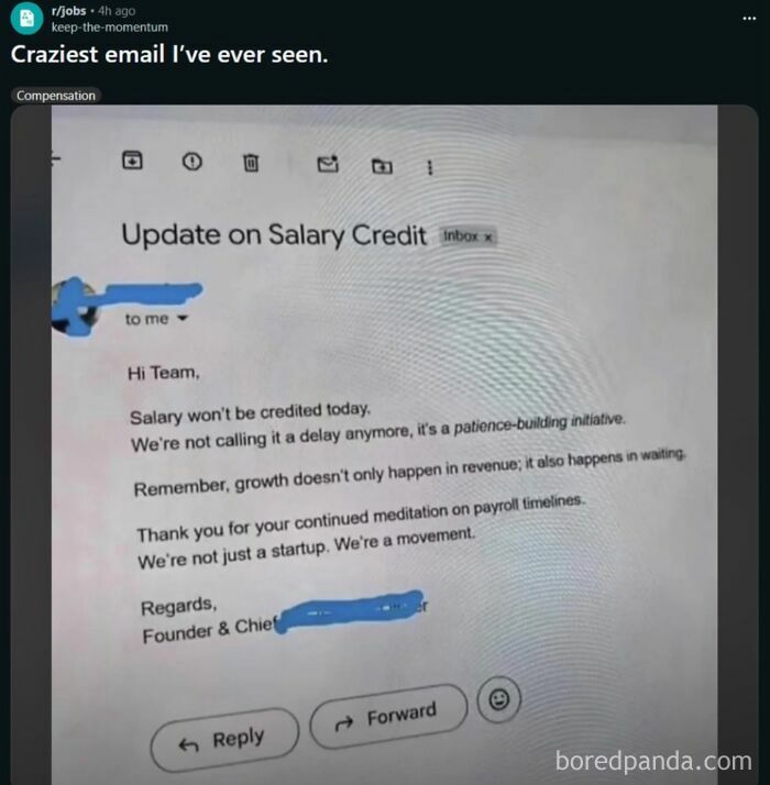 Email humor about delayed salary credit shared in white collar humor post from a cubicle workplace setting.