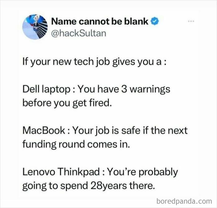 Tech job humor post comparing Dell, MacBook, and Lenovo Thinkpad laptops with white collar humor in the workplace.