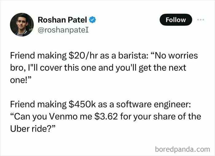 Tweet comparing generosity of a barista and a software engineer, highlighting white collar humor in workplace interactions.