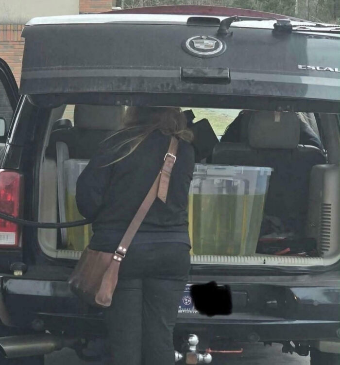 Person operating at 1% brain capacity loading large containers of liquid into the back of an SUV.