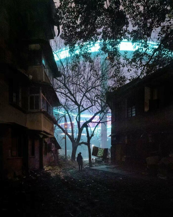 Eerie urban night scene with a child silhouette and glowing rings behind leafless trees