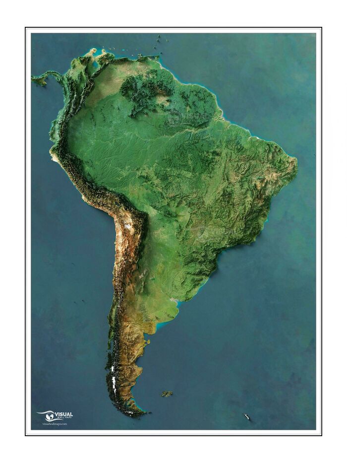 A detailed 3D relief map of South America displaying the continent's diverse geography