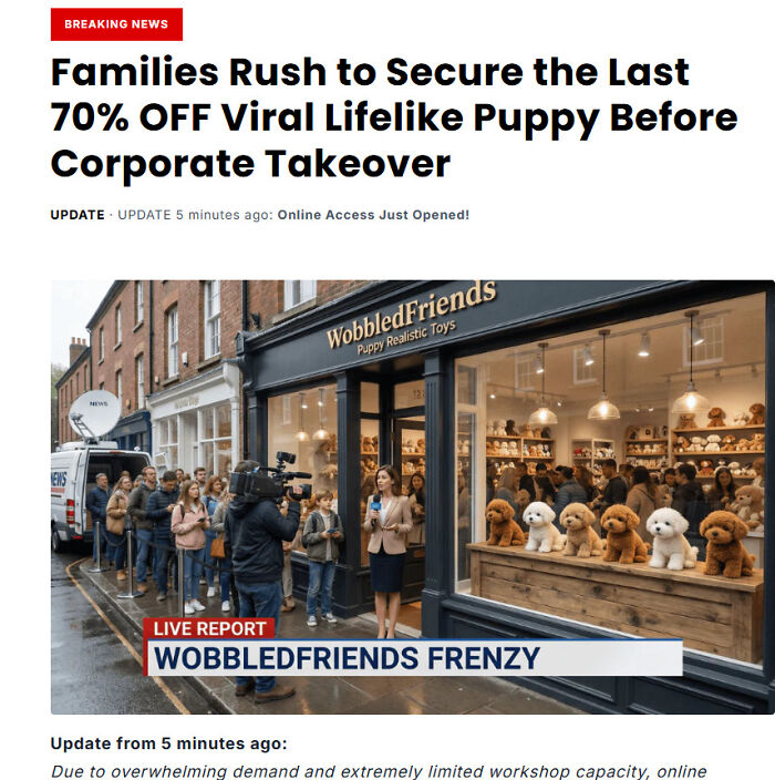 A live report showing a line of people outside a WobbledFriends store, featuring viral lifelike puppy toys.