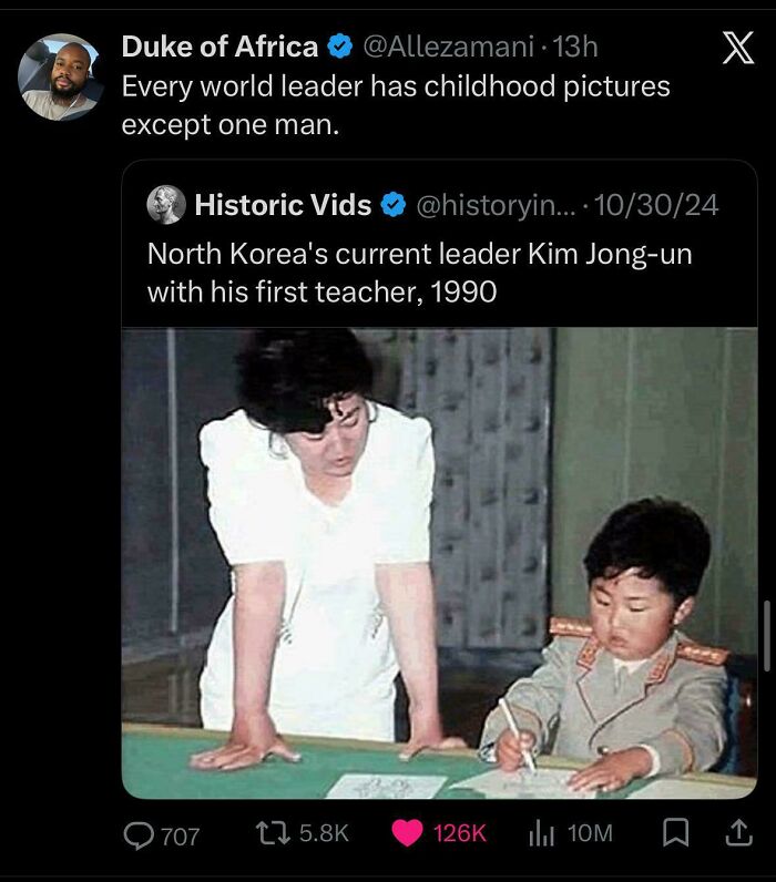 A tweet showing a young Kim Jong-un with his first teacher in 1990. Important tweets about Black Twitter.
