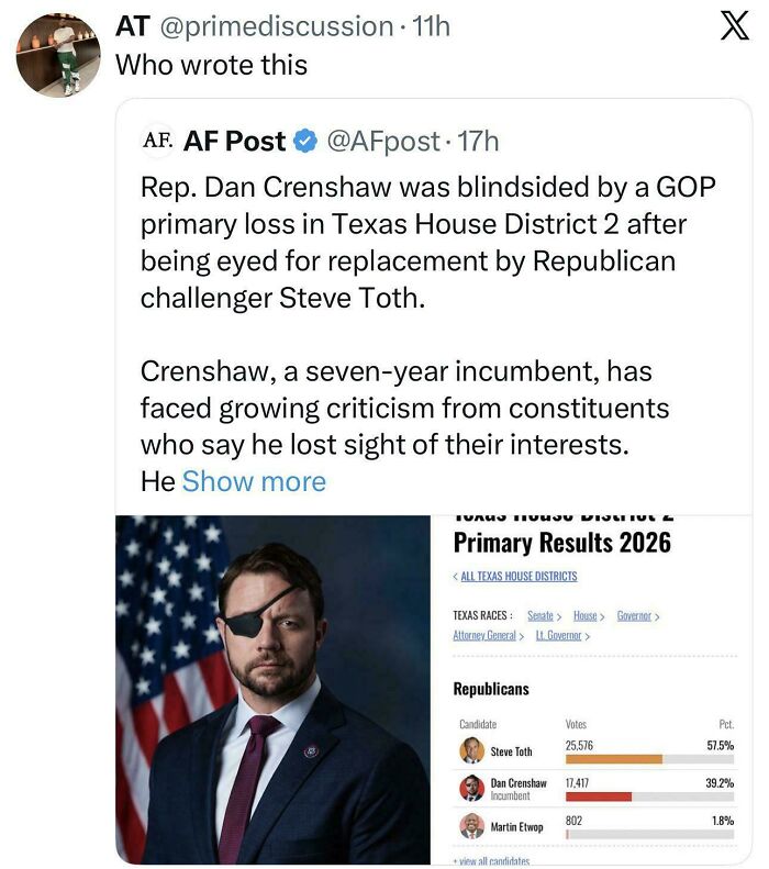 A tweet about Rep. Dan Crenshaw's GOP primary loss, with a screenshot of Texas primary results. Important Tweets.