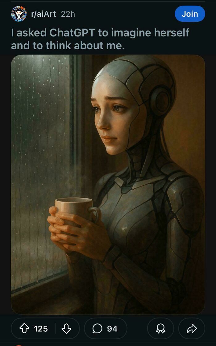 AI-generated melancholic robot holding cup public embarrassment