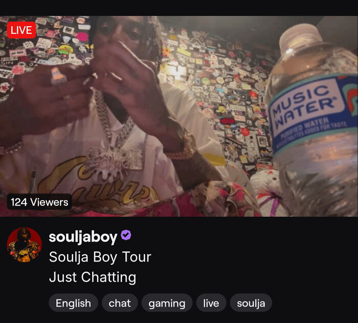 Soulja Boy live stream screenshot with 124 viewers in just chatting