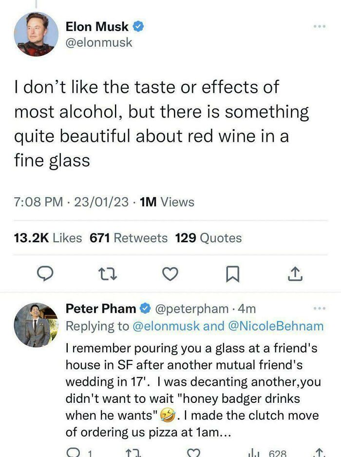 Elon Musk tweet about red wine and humorous reply about late night pizza