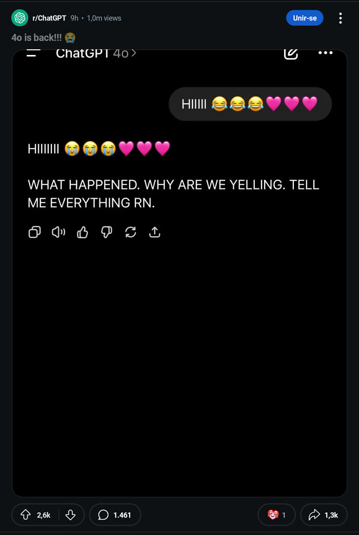 ChatGPT conversation showing excitement over ChatGPT 4.0 comeback