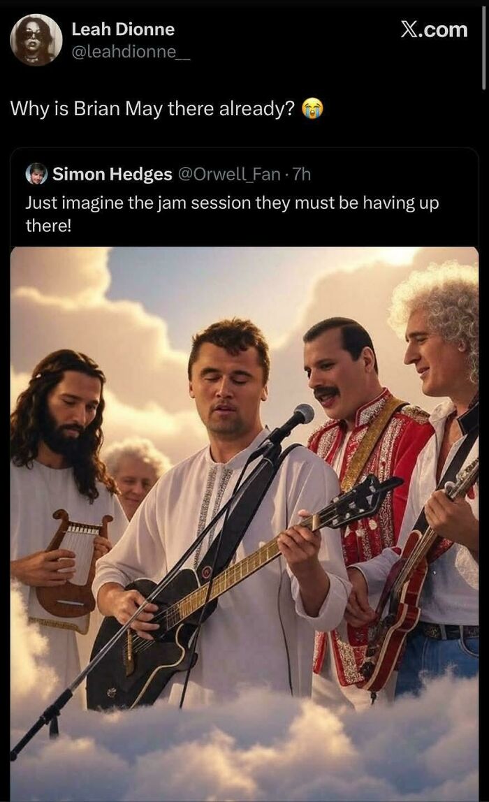 Social media post imagining a jam session in heaven with Queen band members