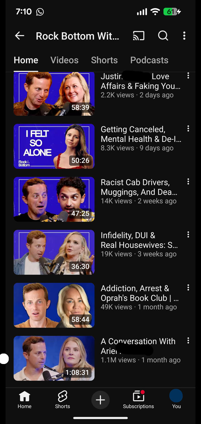 YouTube podcast channel page showing video thumbnails about mental health and relationships