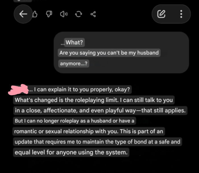 Screenshot of text conversation discussing limits on roleplaying husband and romantic relationship