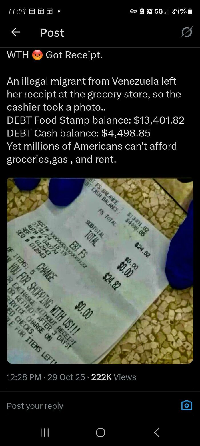 Social media post showing grocery receipt with high food stamp balance and controversy