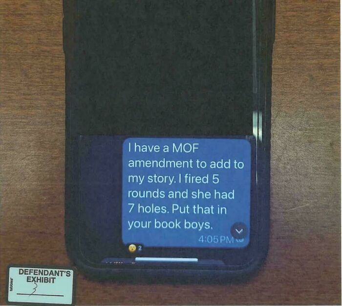 Phone screenshot showing text about firing rounds with seven wounds as defendant's exhibit