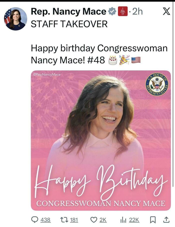 Graphic birthday greeting for Congresswoman Nancy Mace with smiling photo