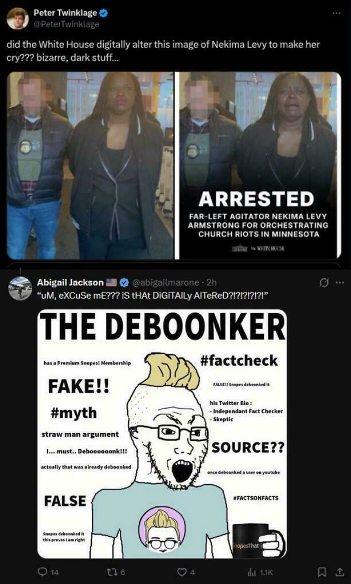 Two side-by-side images of woman arrested with caption about image alteration