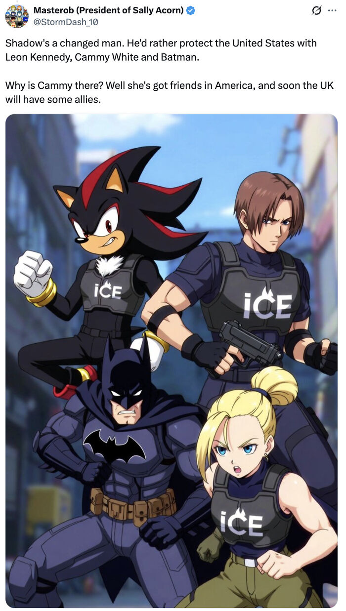 Anime characters Shadow, Leon Kennedy, Cammy White, and Batman in ice tactical gear
