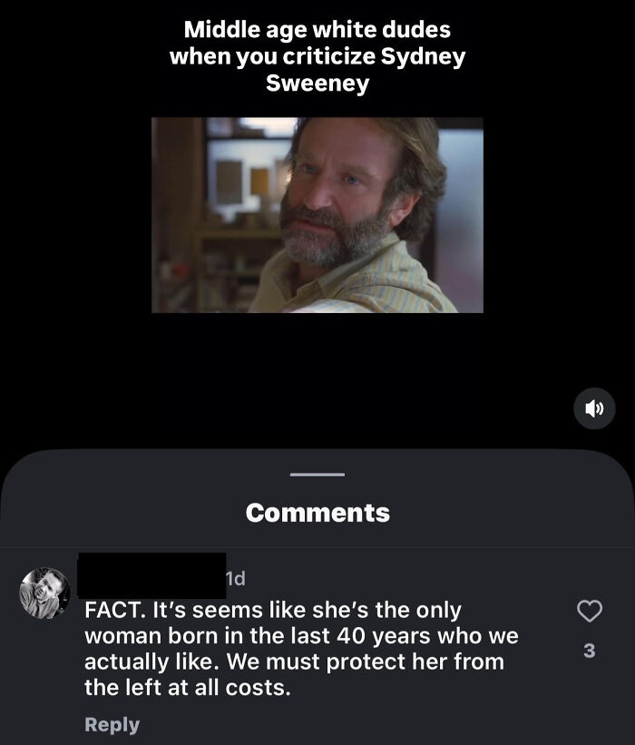 Meme about middle age men reacting to Sydney Sweeney criticism with comments