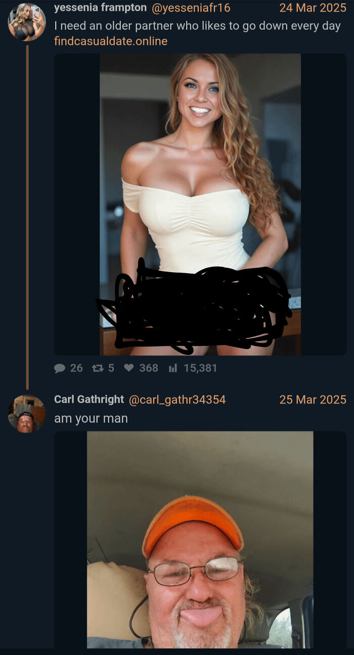 Online dating post with woman seeking older partner and a man responding