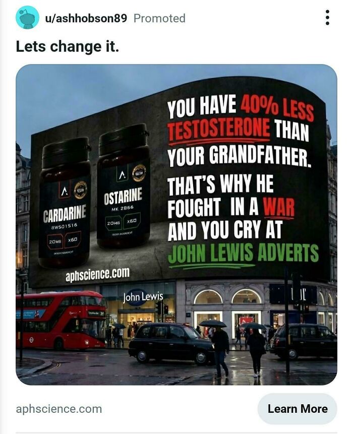 Billboard ad claiming less testosterone than grandfather linked to John Lewis adverts