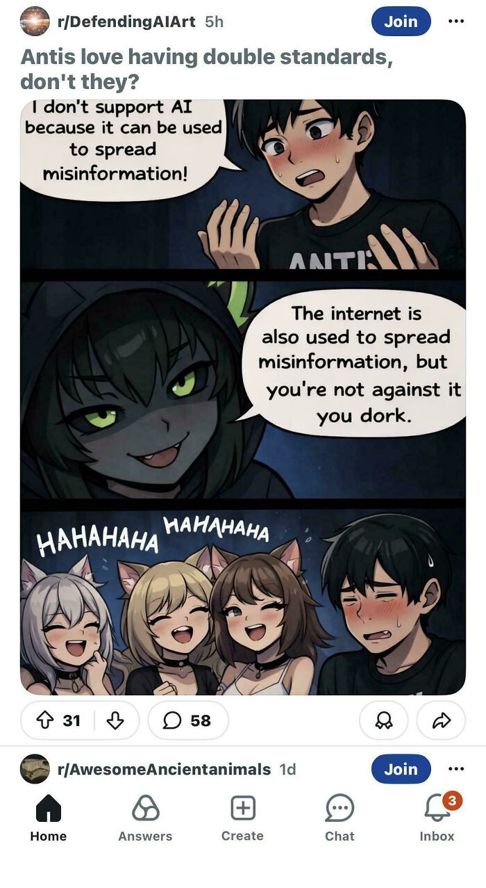 Comic about double standards with AI misinformation in anime style