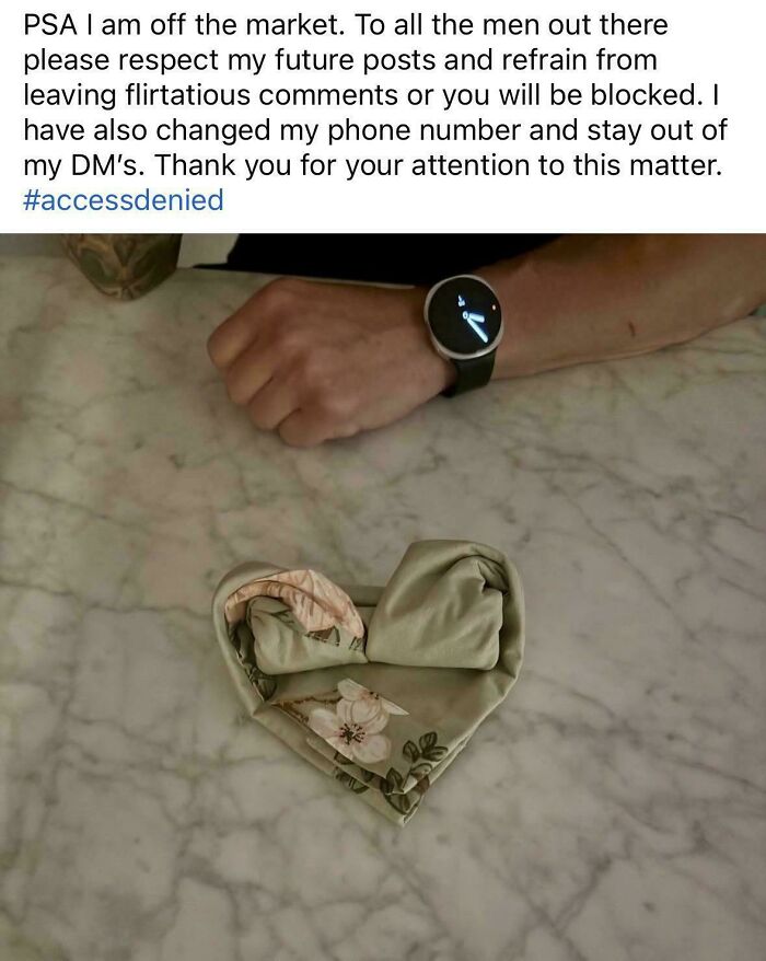 Public post explaining being off the market with folded fabric heart and watch