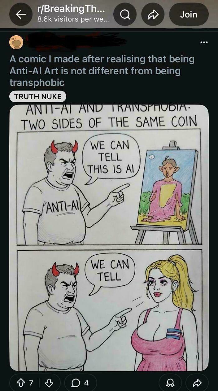 Anti AI art cartoon comparing anti AI views to transphobia