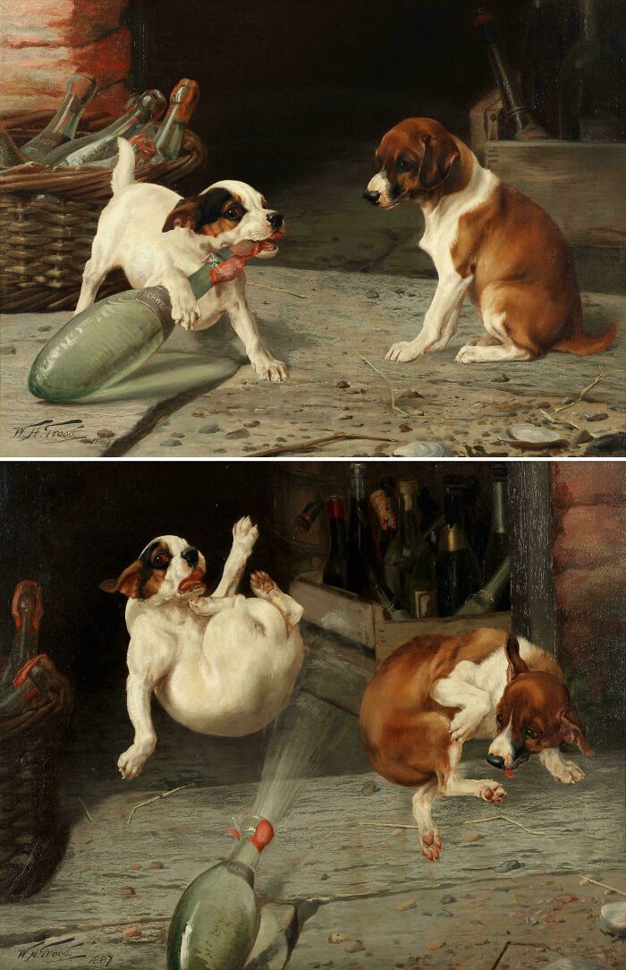 Oil painting of two dogs playing with a corked bottle, representing artwork among historical finds.