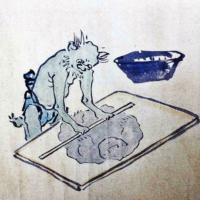 Ancient Japanese illustration of a demon rolling dough, representing fascinating historical finds