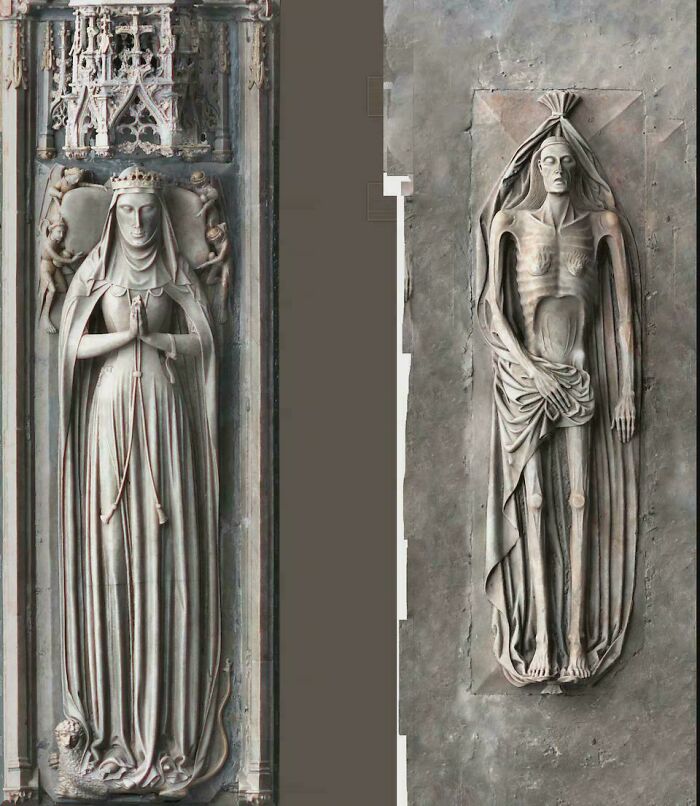 Side-by-side view of a medieval tomb sculpture, showcasing interesting historical finds.