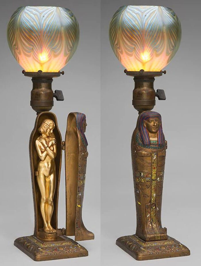 Egyptian sarcophagus table lamp with a hidden figure inside, a rare historical find.