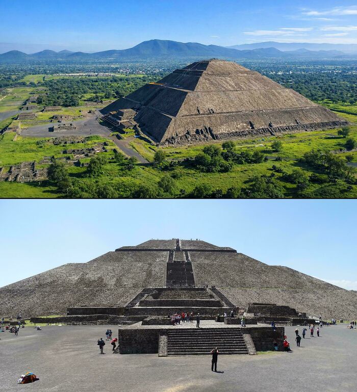 Aerial and front views of an ancient stone pyramid, part of remarkable historical finds.