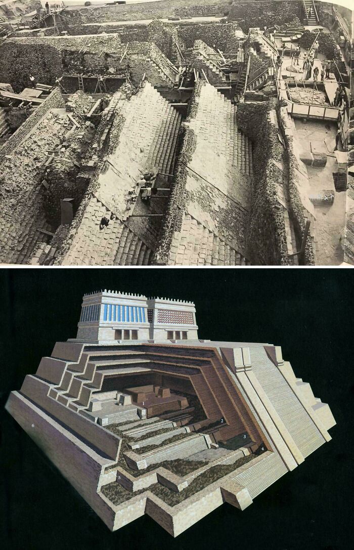 Excavation photo and structural model of an Aztec pyramid, representing major historical finds.