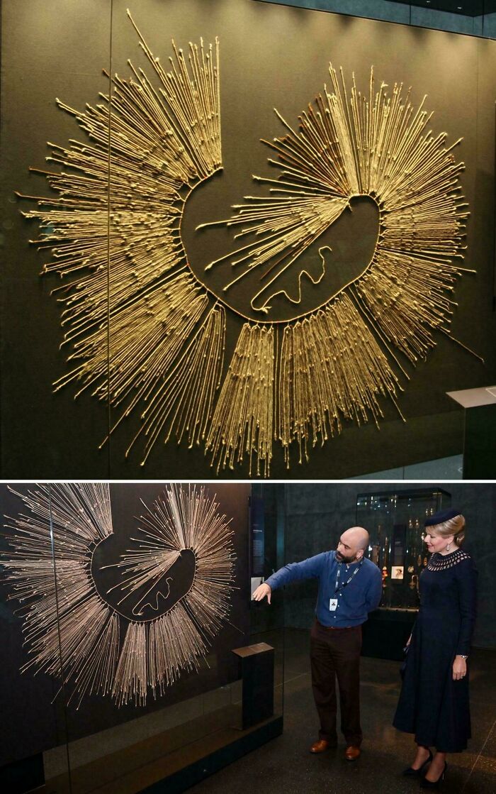 An ancient knotted string quipu on display in a museum, representing rare historical finds.