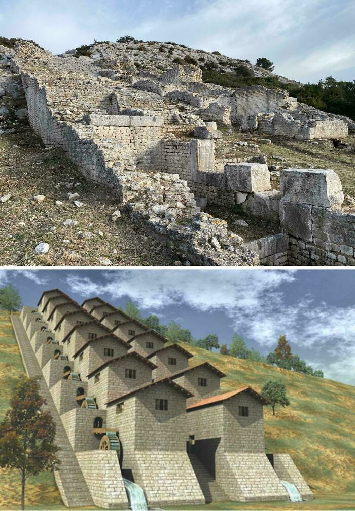 Comparison of ancient stone ruins and a 3D reconstruction of a watermill among historical finds.