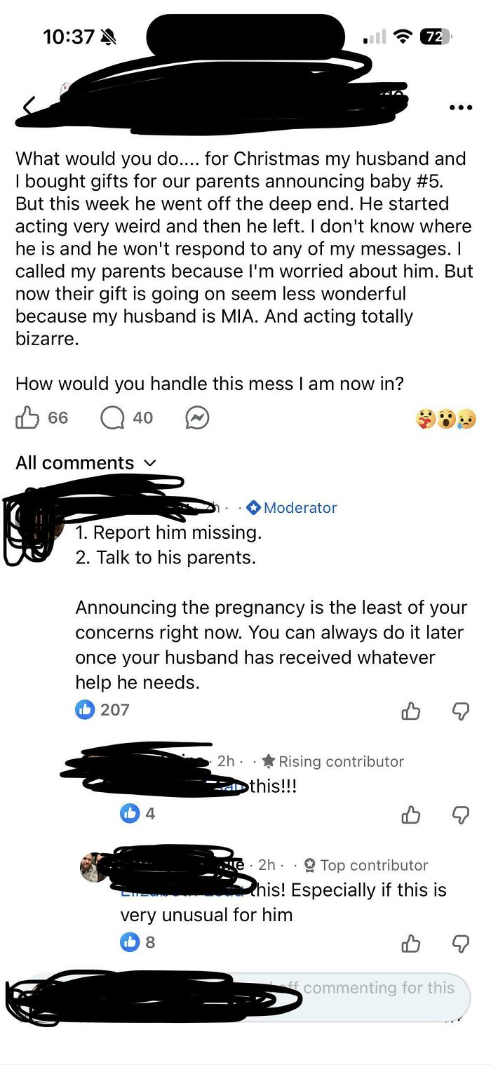 Message about husband acting strangely after pregnancy announcement and advice from others