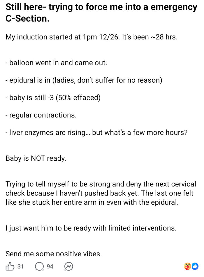 Mom resisting emergency C-section and sharing childbirth update online
